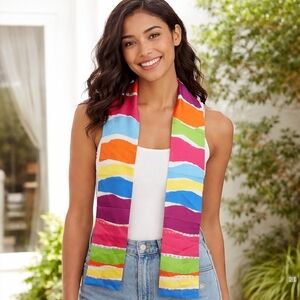 Talbots Silk Scarf Colorful Abstract Stripe Sequin Trim Lightweight Luxury